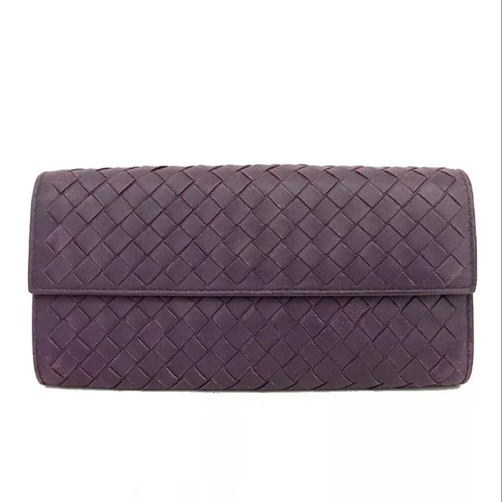 AUTHENTIC BOTTEGA VENETA PURPLE INTRECCIATO LAMBSKIN BIFOLD LONG WALLET